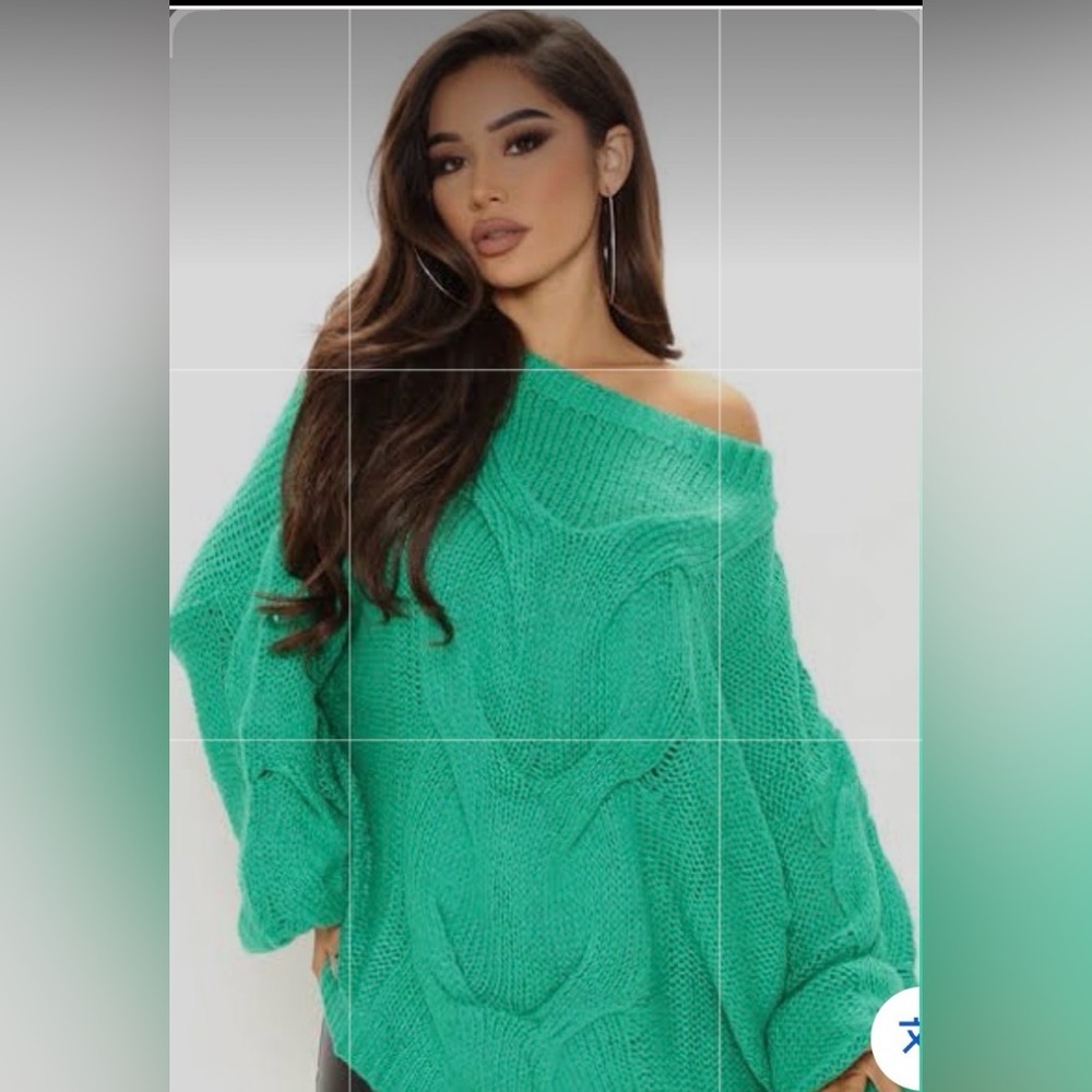 Cozy oversized off the shoulder cable knit sweater balloon sleeves green NWT S - Picture 2 of 9